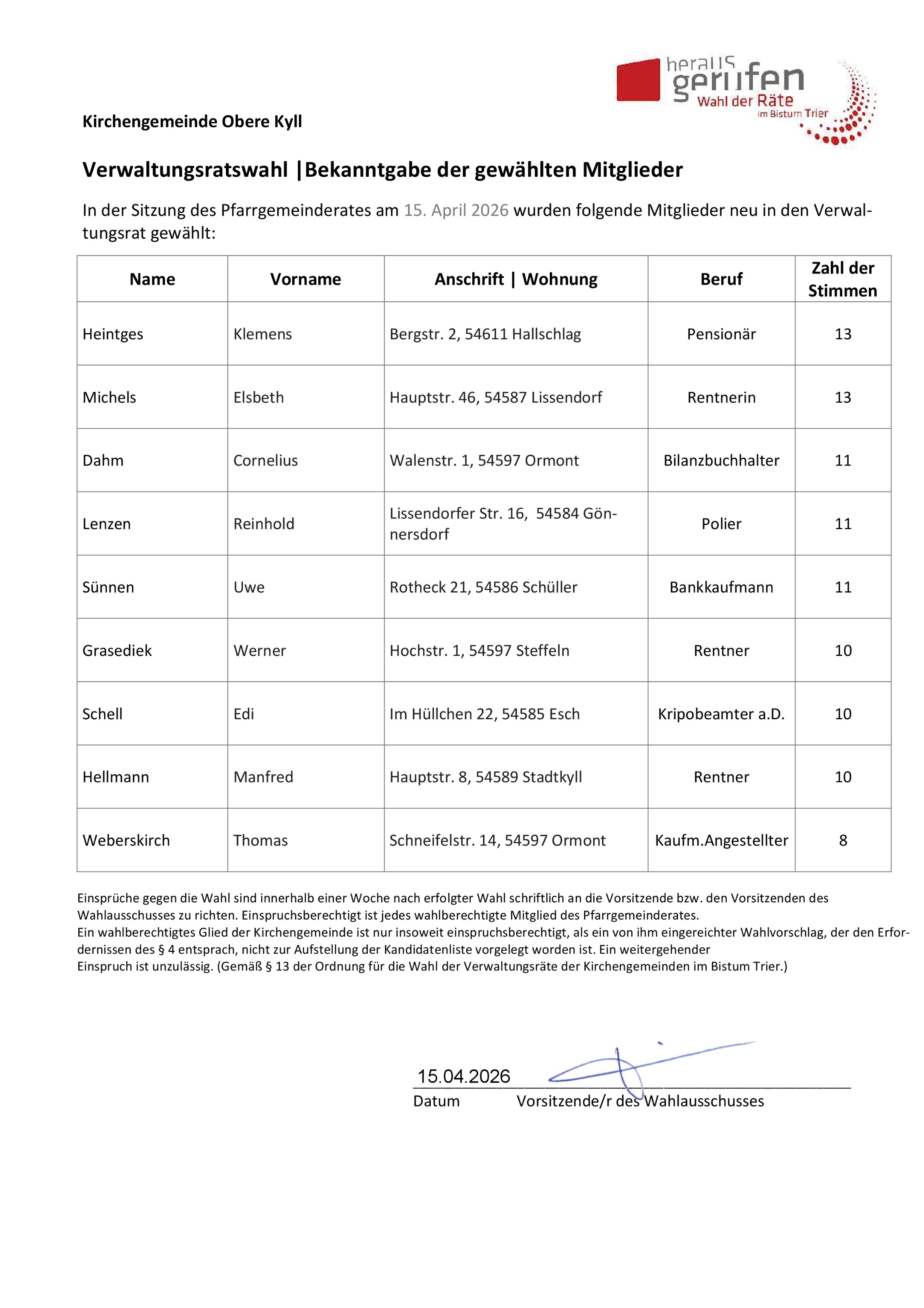 Wahlergbnis VR Obere Kyll 2026