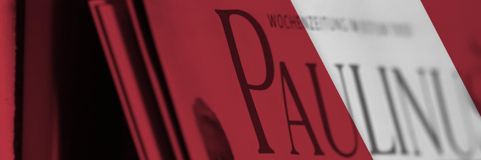 Man sieht ein Banner mit einem roten Hintergrund und mit Zeitungen. Darüber steht 'Weitere Nachrichten gibt es im gemeinsamen Newsportal von Paulinus und Bistum Trier.