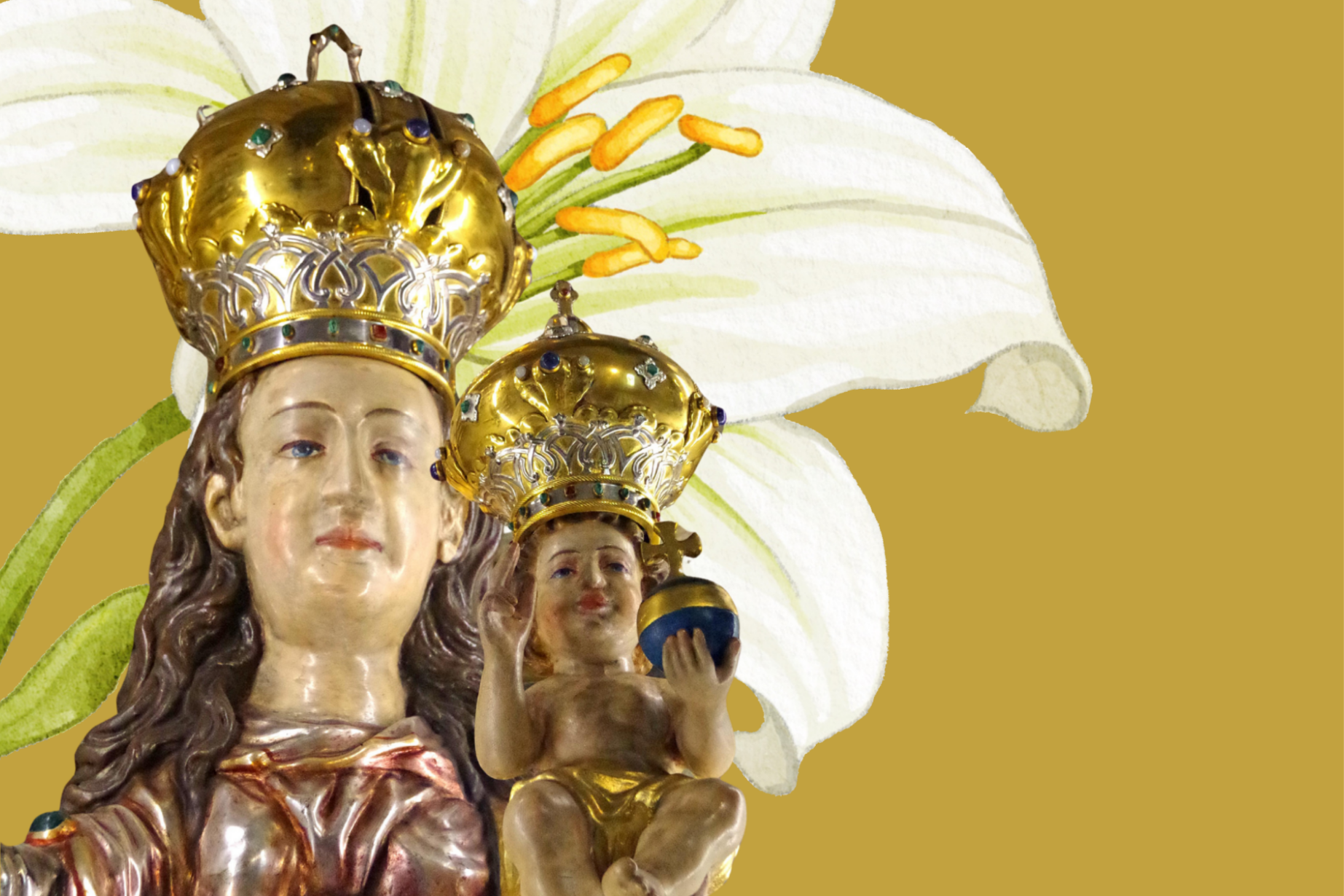 Die Muttergottes ist zu sehen, dahinter eine Lilie
